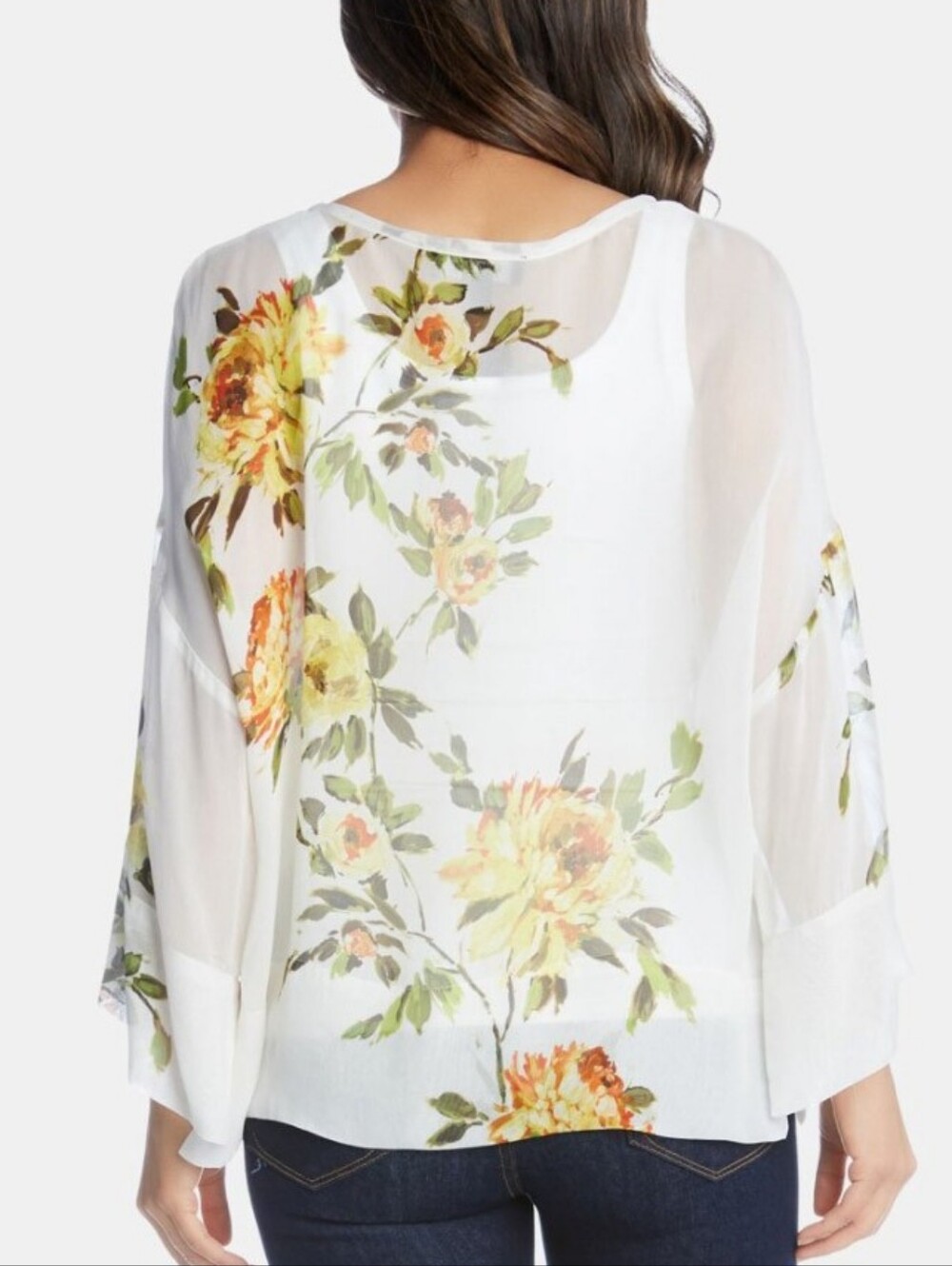 New Karen Kane Garden Party Ivory Rose Printed Sheer Bracelet Sleeve Blouse